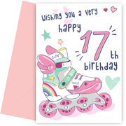 Rollerblades 17th Birthday Card for Girls - Pretty Pink Card for 17 Year Old Girl