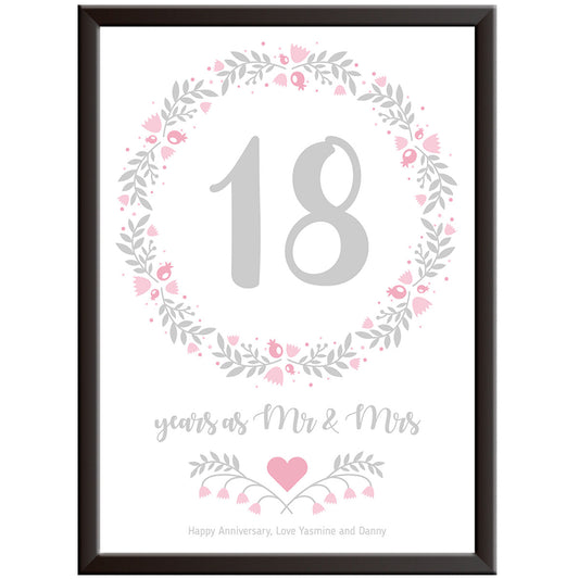 Personalised Floral Circle 18th Wedding Anniversary Print