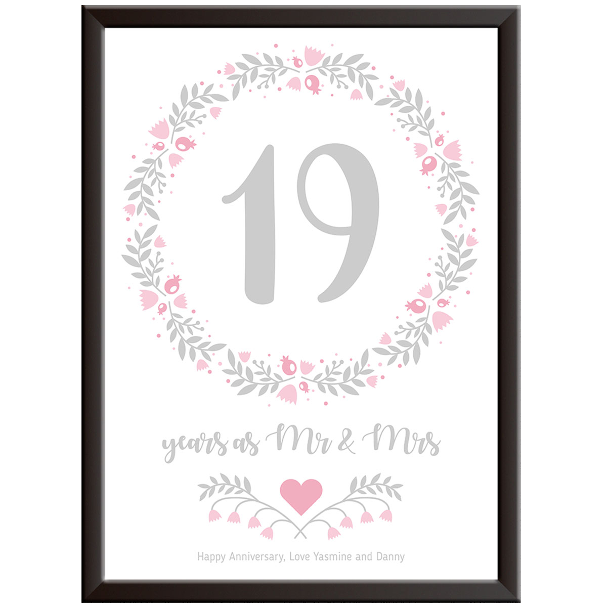 Personalised Floral Circle 19th Wedding Anniversary Print