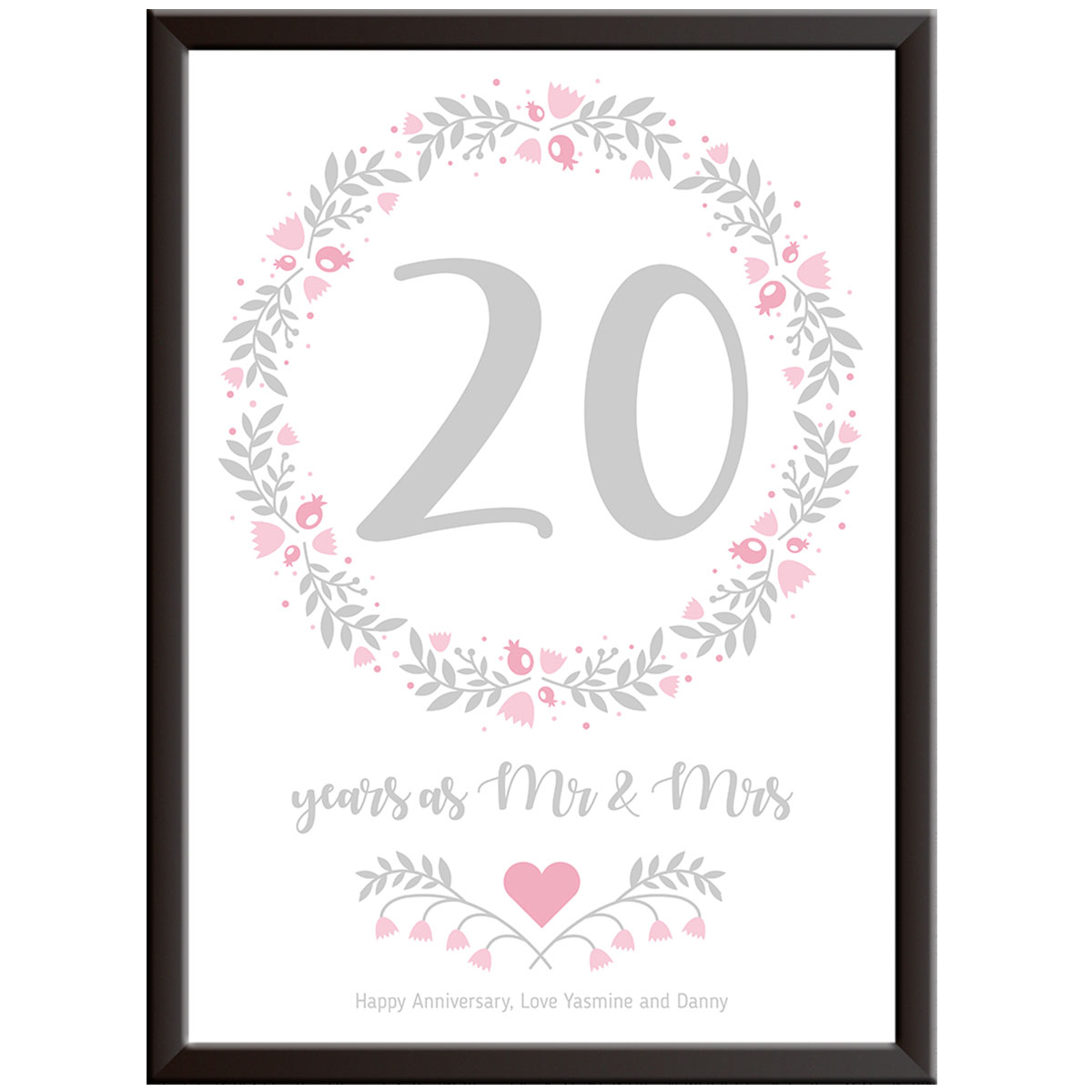 Personalised Floral Circle 20th Wedding Anniversary Print (China)