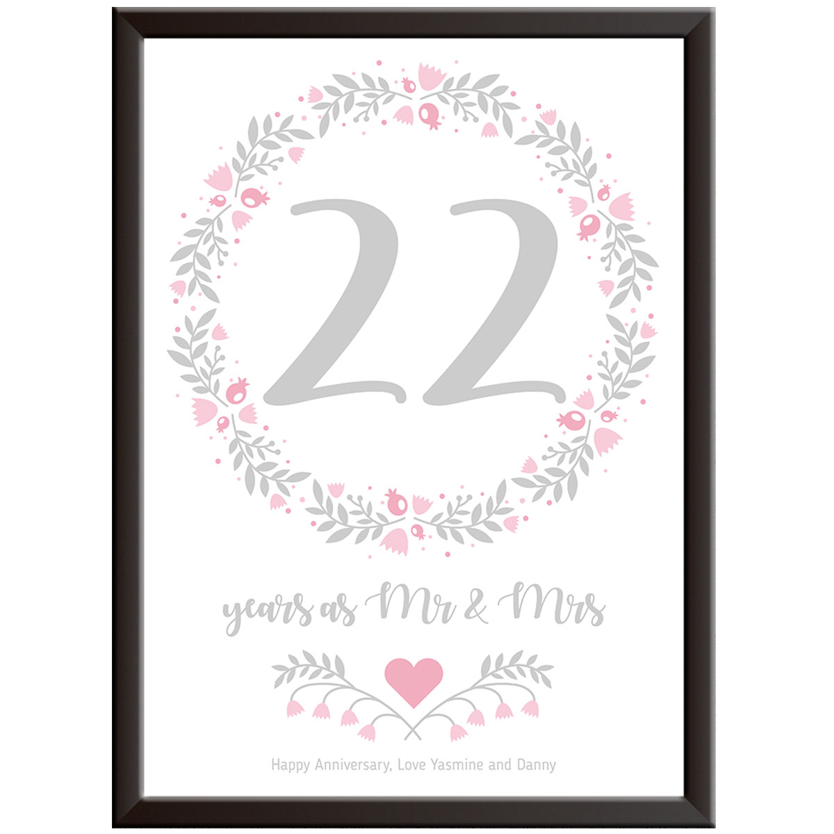 Personalised Floral Circle 22nd Wedding Anniversary Print