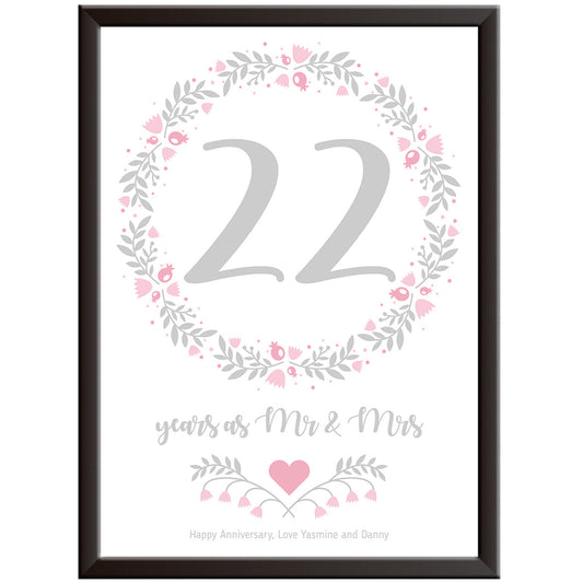 Personalised Floral Circle 22nd Wedding Anniversary Print