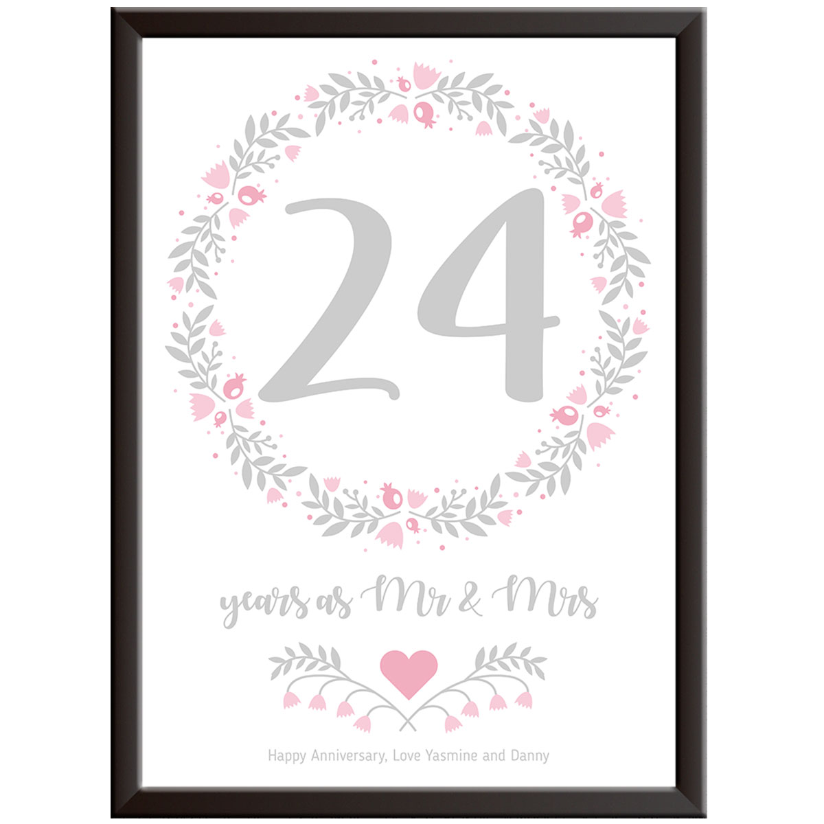 Personalised Floral Circle 24th Wedding Anniversary Print