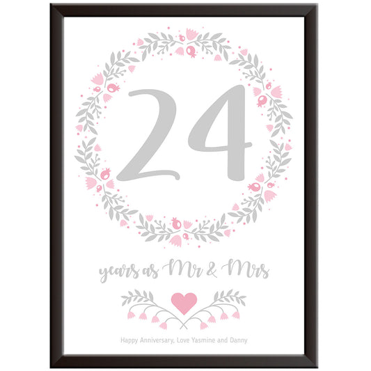 Personalised Floral Circle 24th Wedding Anniversary Print