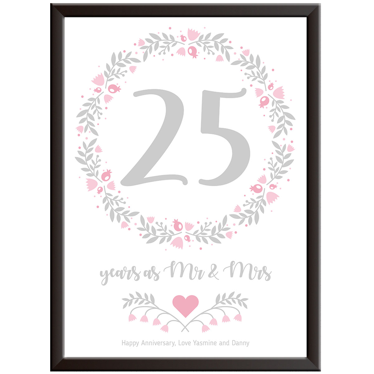 Personalised Floral Circle 25th Wedding Anniversary Print (Silver)