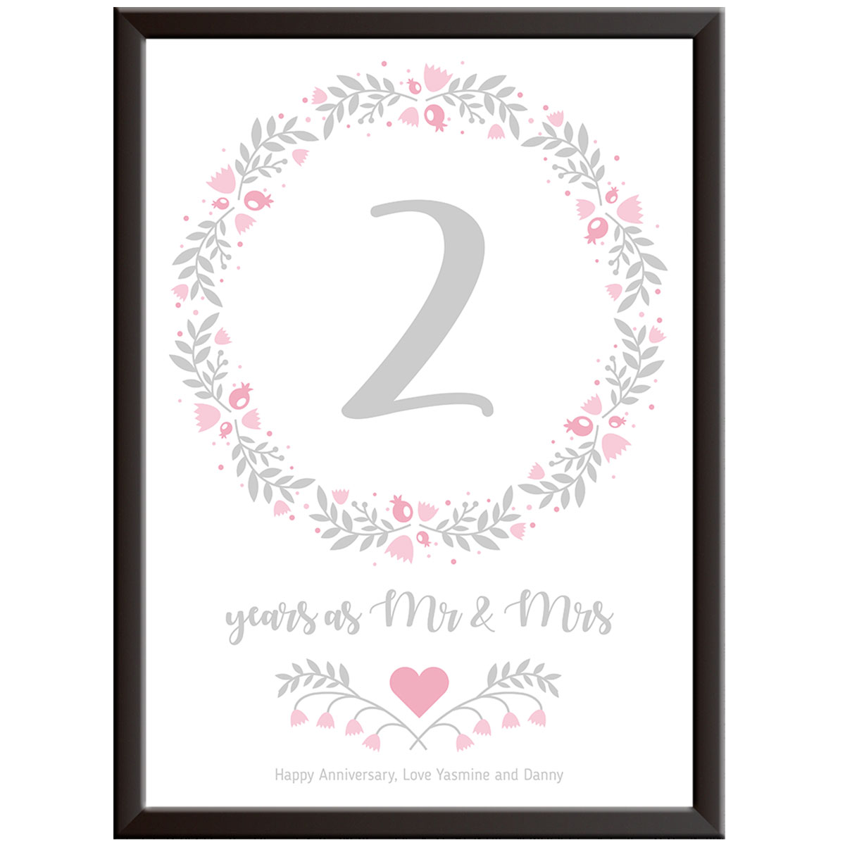 Personalised Floral Circle 2nd Wedding Anniversary Print (Cotton)