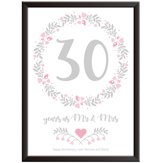 Personalised Floral Circle 30th Wedding Anniversary Print (Pearl)