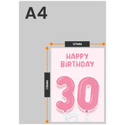 The size of this female 30th birthday card is 7 x 5" when folded