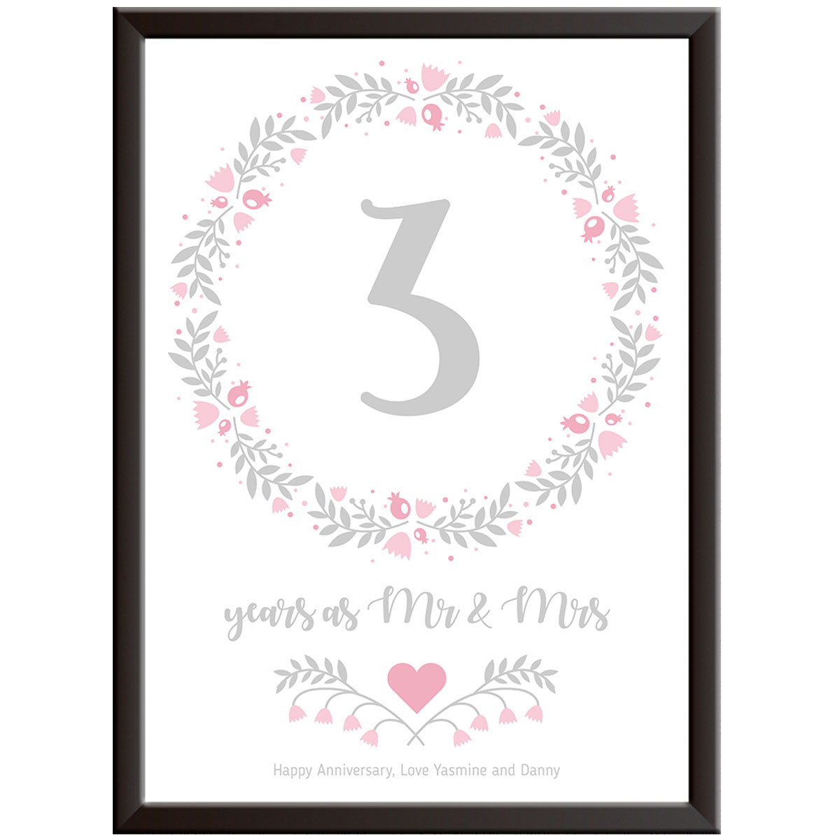 Personalised Floral Circle 3rd Wedding Anniversary Print (Leather)