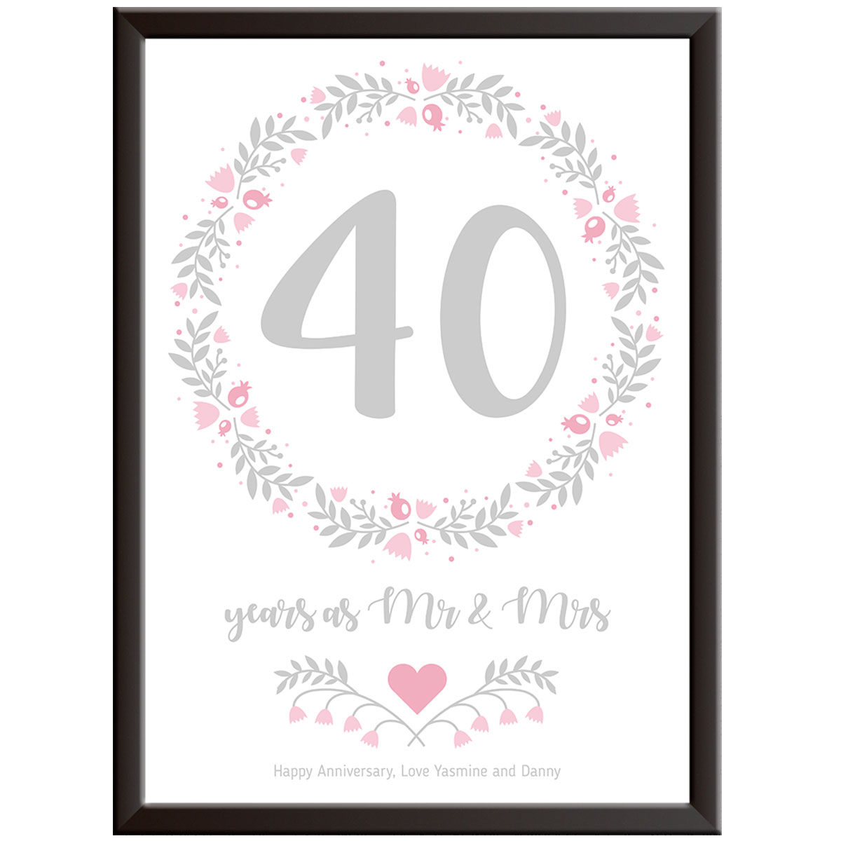 Personalised Floral Circle 40th Wedding Anniversary Print (Ruby)