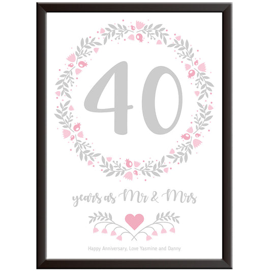 Personalised Floral Circle 40th Wedding Anniversary Print (Ruby)