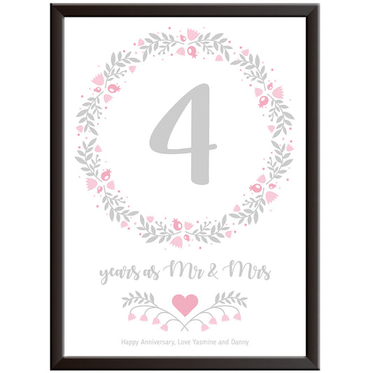 Personalised Floral Circle 4th Wedding Anniversary Print (Fruit and Flowers)