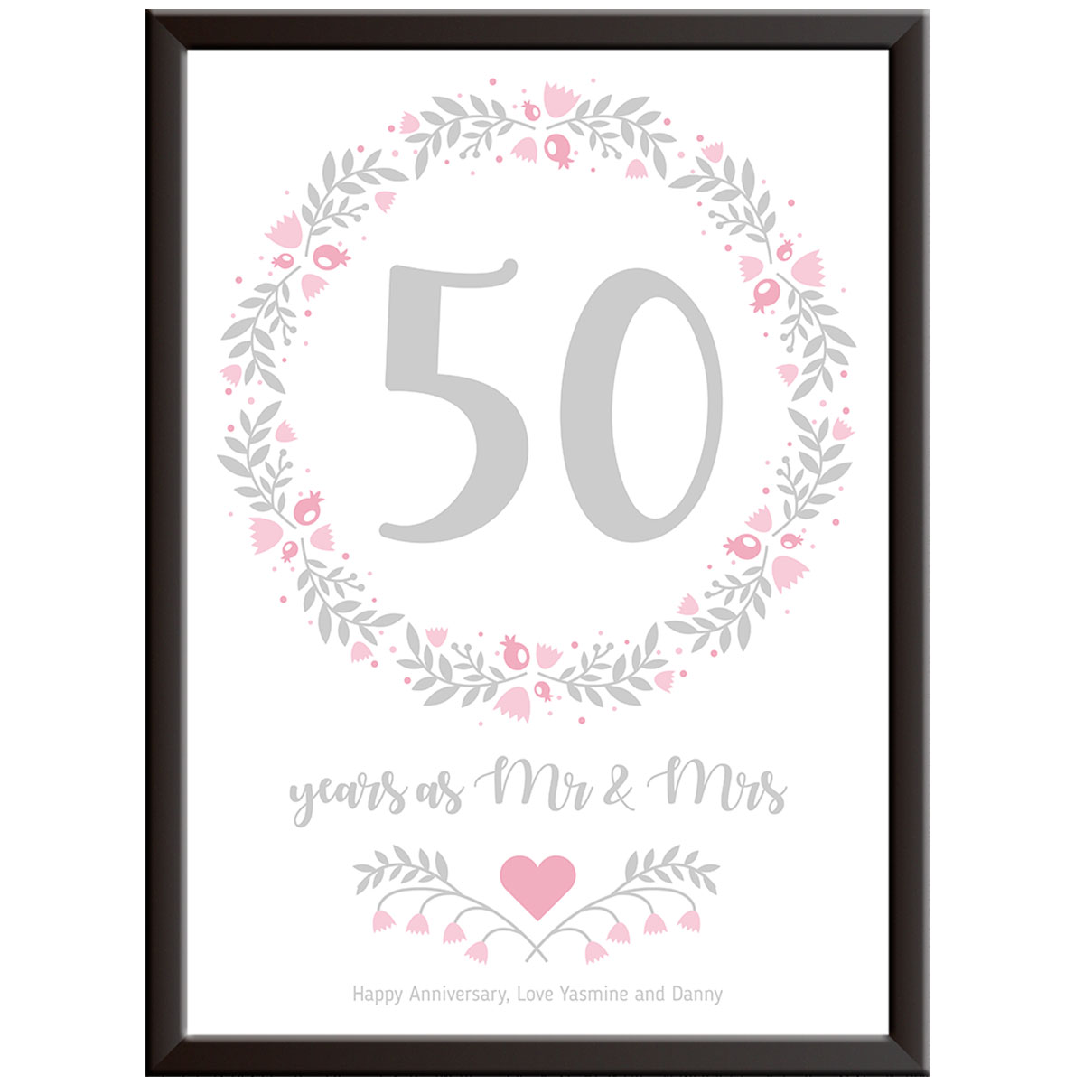 Personalised Floral Circle 50th Wedding Anniversary Print (Gold)