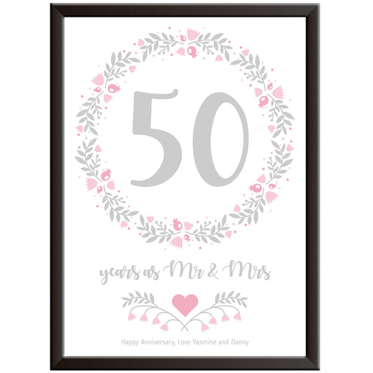 Personalised Floral Circle 50th Wedding Anniversary Print (Gold)