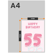 The size of this female 55th birthday card is 7 x 5" when folded
