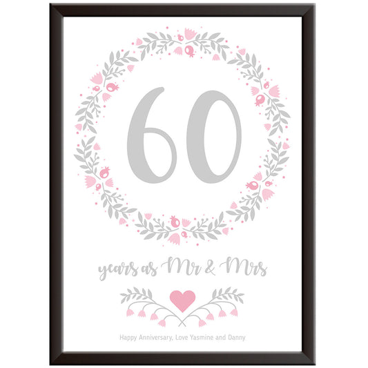 Personalised Floral Circle 60th Wedding Anniversary Print (Diamond)