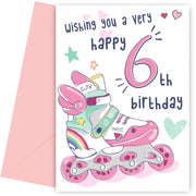 Rollerblades 6th Birthday Card for Girls - Pretty Pink Card for 6 Year Old Girl