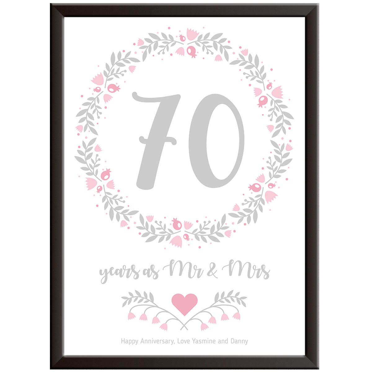 Personalised Floral Circle 70th Wedding Anniversary Print (Platinum)