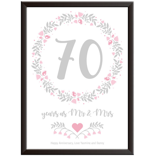 Personalised Floral Circle 70th Wedding Anniversary Print (Platinum)