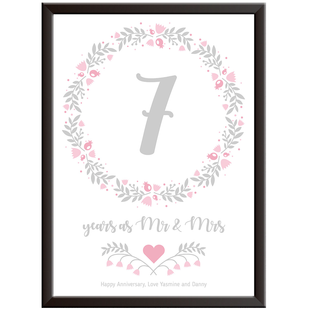 Personalised Floral Circle 7th Wedding Anniversary Print (Woolen)