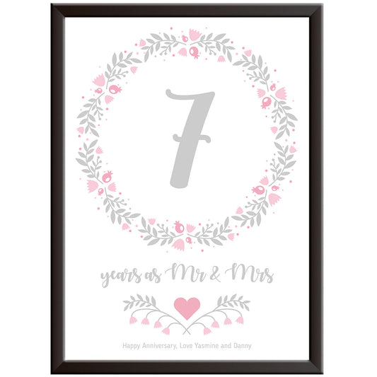 Personalised Floral Circle 7th Wedding Anniversary Print (Woolen)