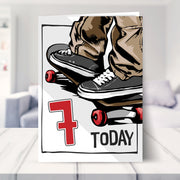 skateboarding 7th birthday card shown in a living room