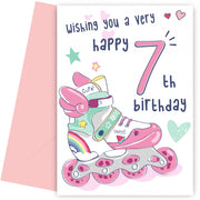 Rollerblades 7th Birthday Card for Girls - Pretty Pink Card for 7 Year Old Girl