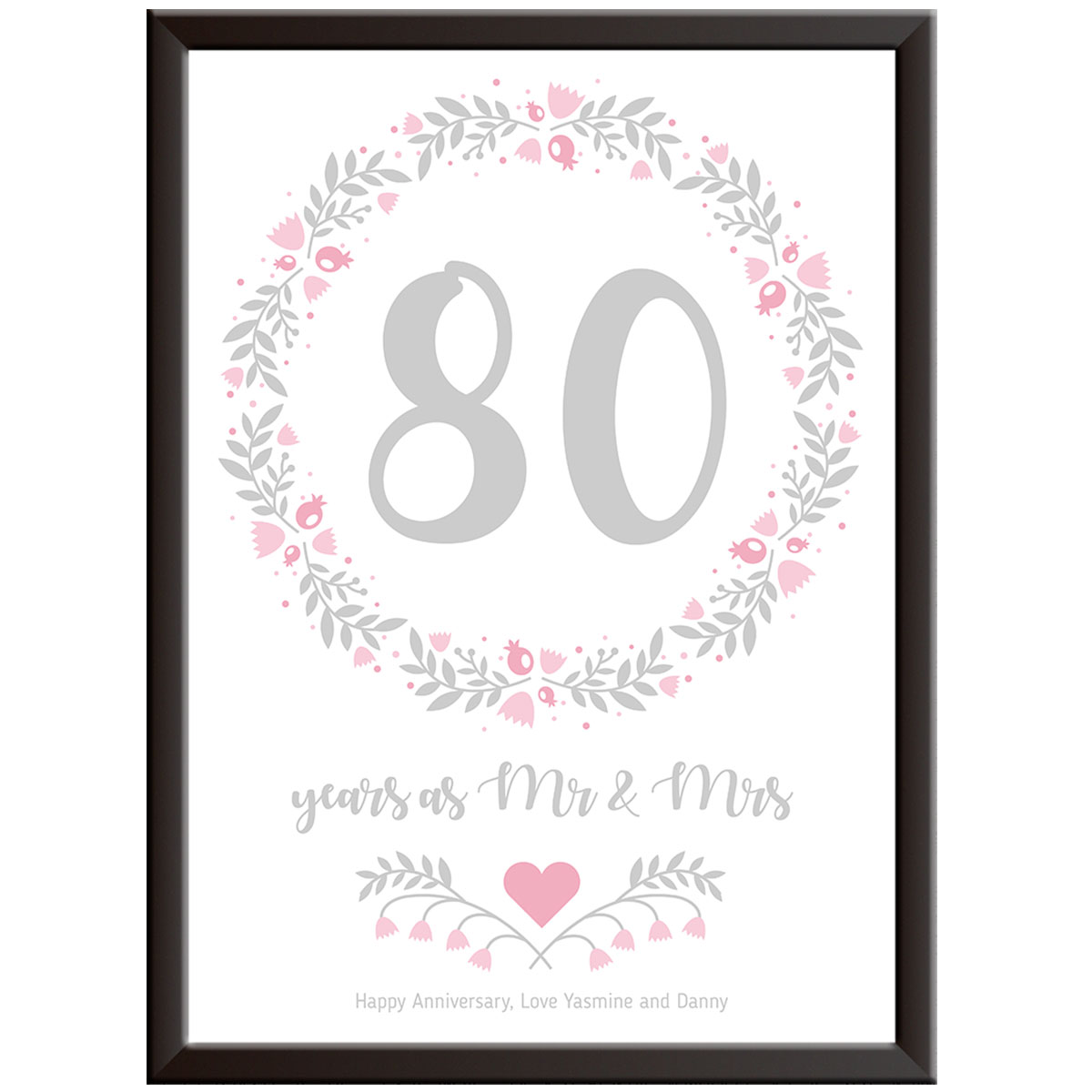 Personalised Floral Circle 80th Wedding Anniversary Print (Oak)