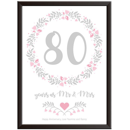 Personalised Floral Circle 80th Wedding Anniversary Print (Oak)