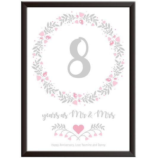 Personalised Floral Circle 8th Wedding Anniversary Print (Bronze)