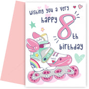Rollerblades 8th Birthday Card for Girls - Pretty Pink Card for 8 Year Old Girl