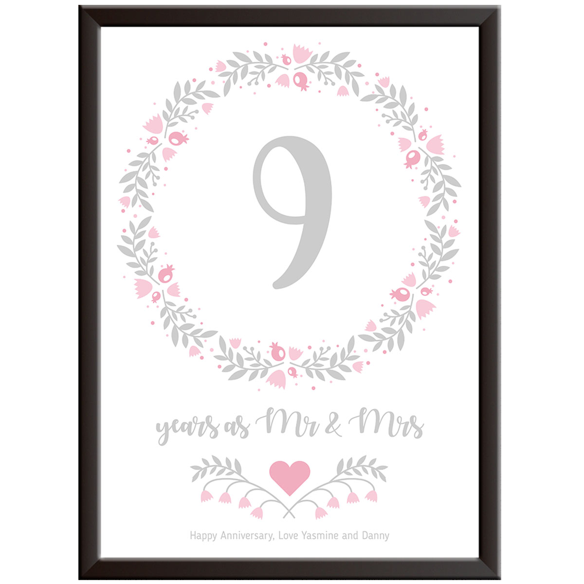 Personalised Floral Circle 9th Wedding Anniversary Print (Pottery)