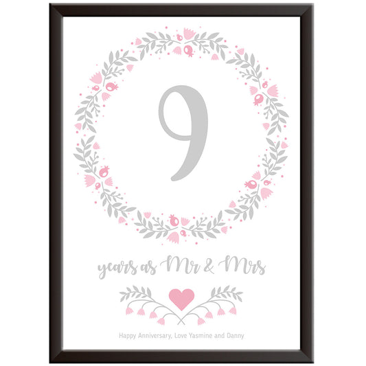 Personalised Floral Circle 9th Wedding Anniversary Print (Pottery)