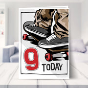 skateboarding 9th birthday card shown in a living room