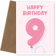 9th Birthday Card for Girls - Pink Balloons for 9 Year Old Girl