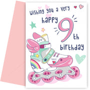 Rollerblades 9th Birthday Card for Girls - Pretty Pink Card for 9 Year Old Girl