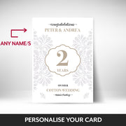 What can be personalised on this 2nd anniversary card