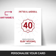 What can be personalised on this 40th anniversary cards for parents