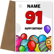 Happy 91st Birthday Card - Bold Birthday Balloons Design