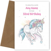 32nd Birthday Card for Auntie - Beautiful Unicorn