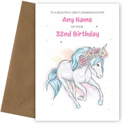 32nd Birthday Card for Great Granddaughter - Beautiful Unicorn