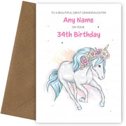 34th Birthday Card for Great Granddaughter - Beautiful Unicorn