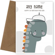 Happy 1st Birthday Card for God Son - Dinosaur with Cap
