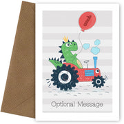 Personalised Cute 1st Birthday Card - Dinosaur Driving Tractor