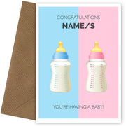 Personalised You're Pregnant Card - Blue and Pink Bottles Card