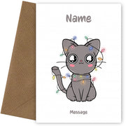 Personalised Cute Cat Tangled in Christmas Lights Card