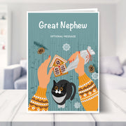 Great Nephew christmas card shown in a living room