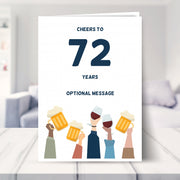 fun 72nd birthday card shown in a living room