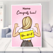 congratulations card for her shown in a living room