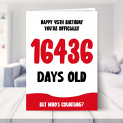 45th birthday card shown in a living room
